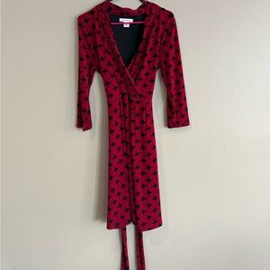 Liz Claiborne Red Wrap Dress with Black Print